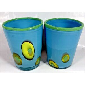 Stretched Abstract Milliefiori Green Modern Art Blown Teal Glass Drinking Pair